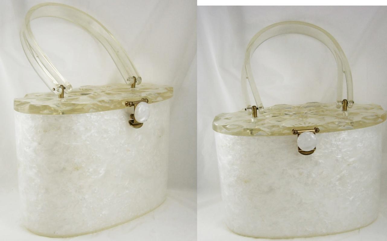 Vintage White Carved Lucite Purse Marbelized sides Carved flower top