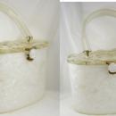 Vintage White Carved Lucite Purse Marbelized sides Carved flower top
