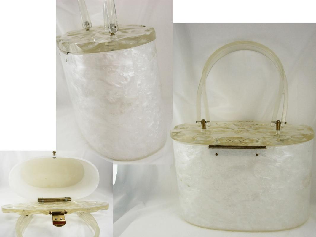Vintage White Carved Lucite Purse Marbelized sides Carved flower top