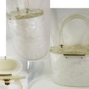 Vintage White Carved Lucite Purse Marbelized sides Carved flower top
