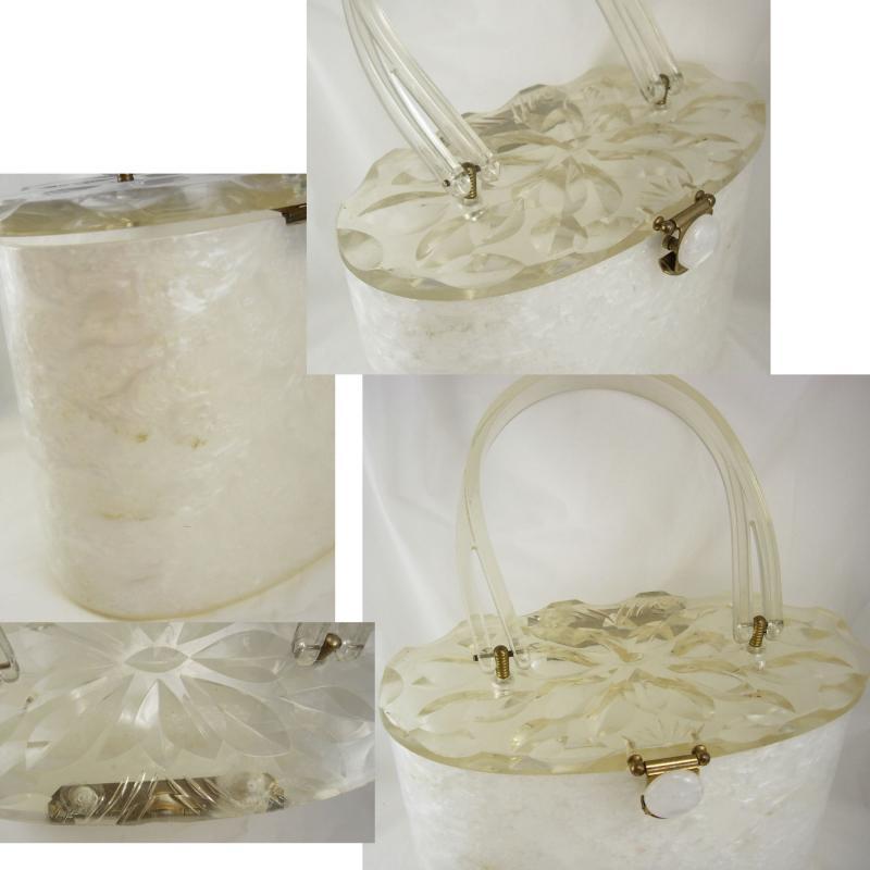 Vintage White Carved Lucite Purse Marbelized sides Carved flower top