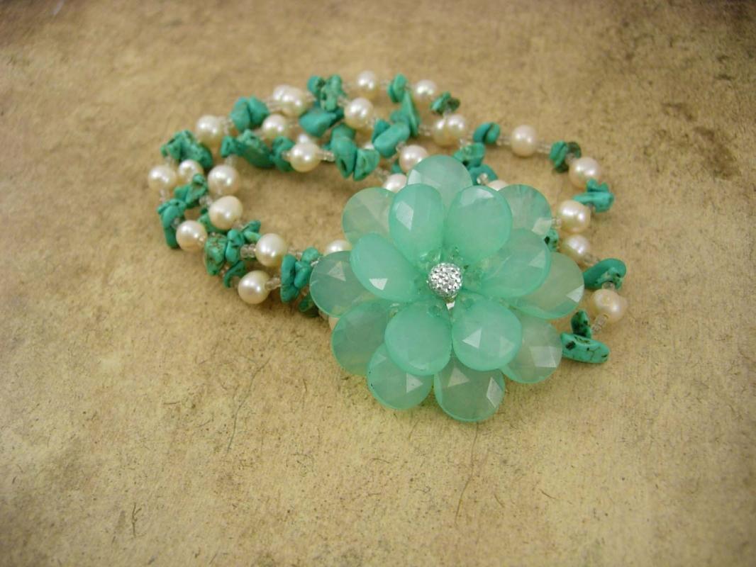 Turquoise and Pearl Necklace with turquoise Flower Brooch