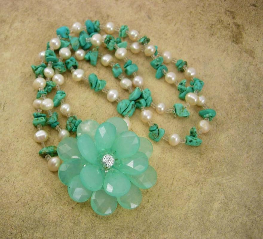 Turquoise and Pearl Necklace with turquoise Flower Brooch