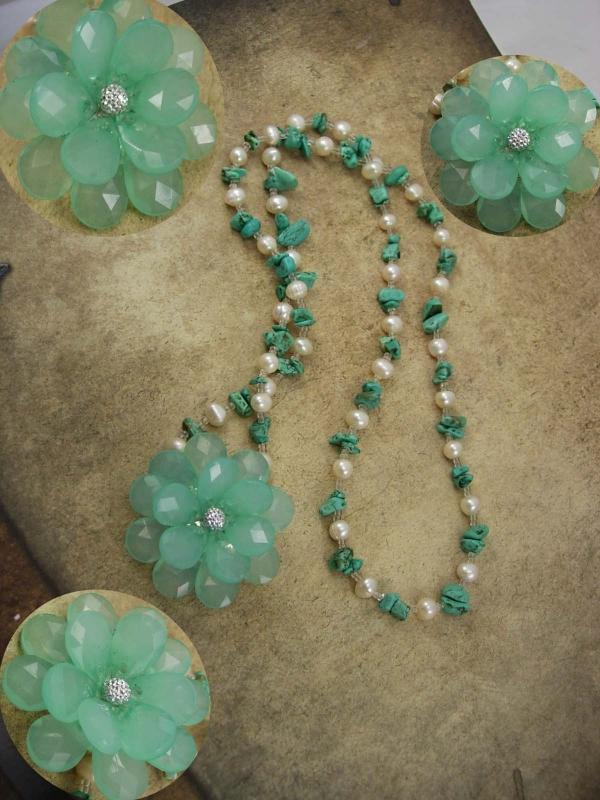 Turquoise and Pearl Necklace with turquoise Flower Brooch