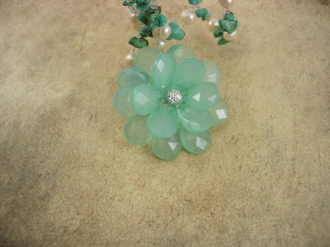 Turquoise and Pearl Necklace with turquoise Flower Brooch