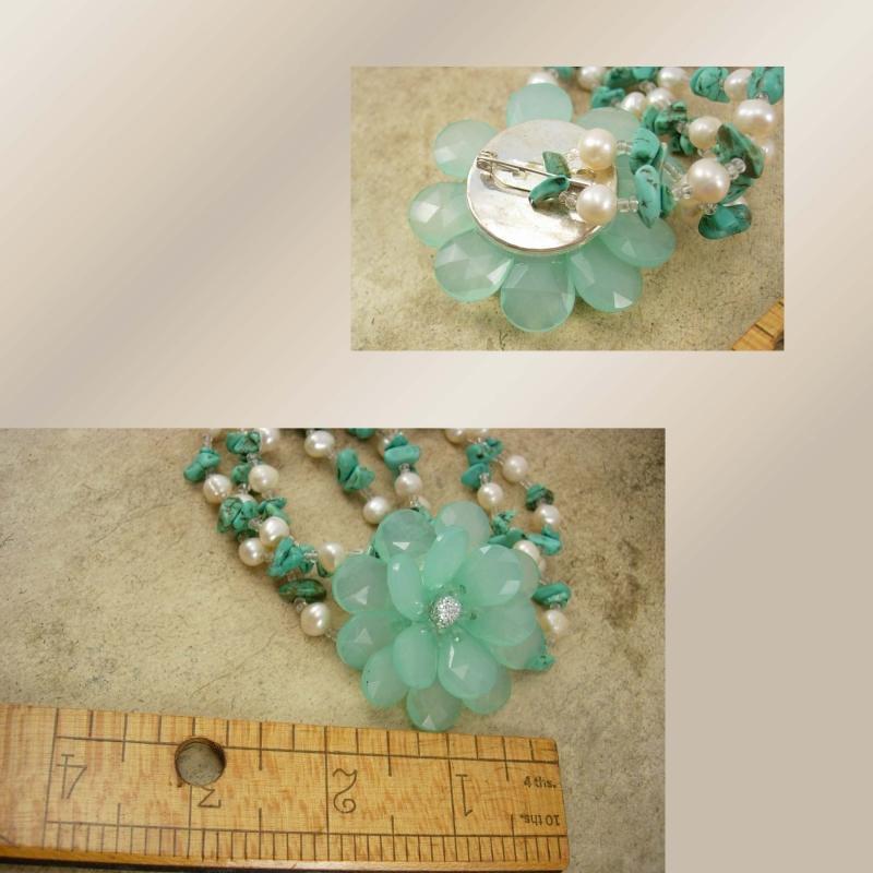 Turquoise and Pearl Necklace with turquoise Flower Brooch