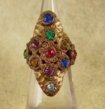 Antique Czech LARGE Ring Rhinestone RING Red Blue Green hammered brass adjustable