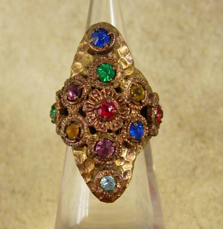 Antique Czech LARGE Ring Rhinestone RING Red Blue Green hammered brass adjustable