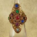 Antique Czech LARGE Ring Rhinestone RING Red Blue Green hammered brass adjustable