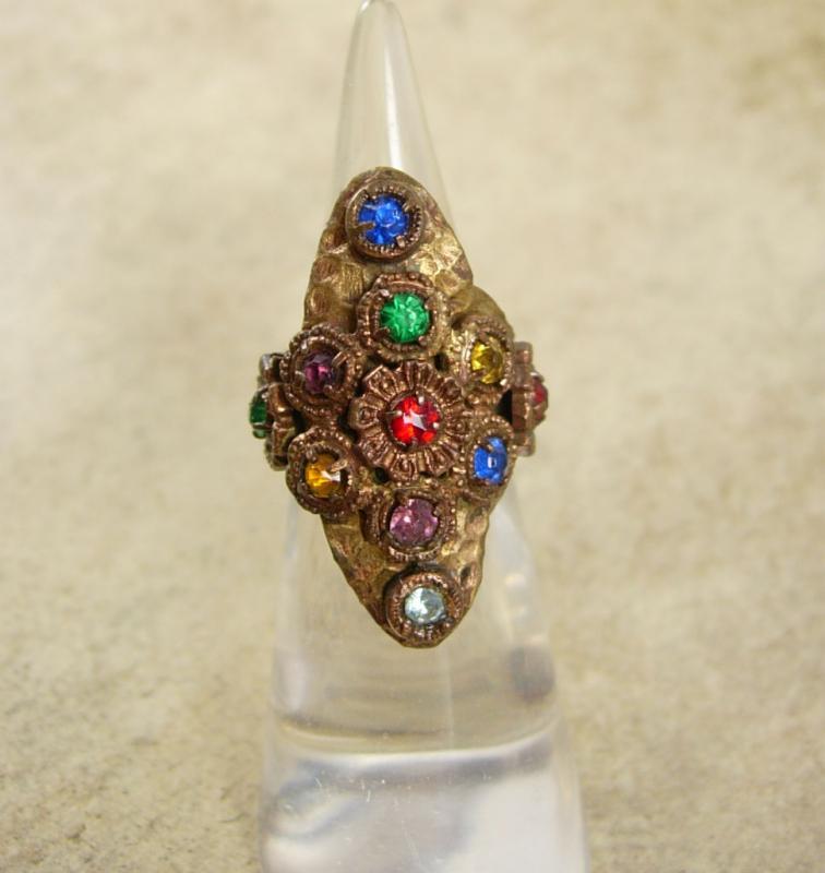 Antique Czech LARGE Ring Rhinestone RING Red Blue Green hammered brass adjustable