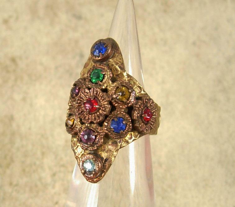 Antique Czech LARGE Ring Rhinestone RING Red Blue Green hammered brass adjustable