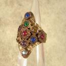 Antique Czech LARGE Ring Rhinestone RING Red Blue Green hammered brass adjustable