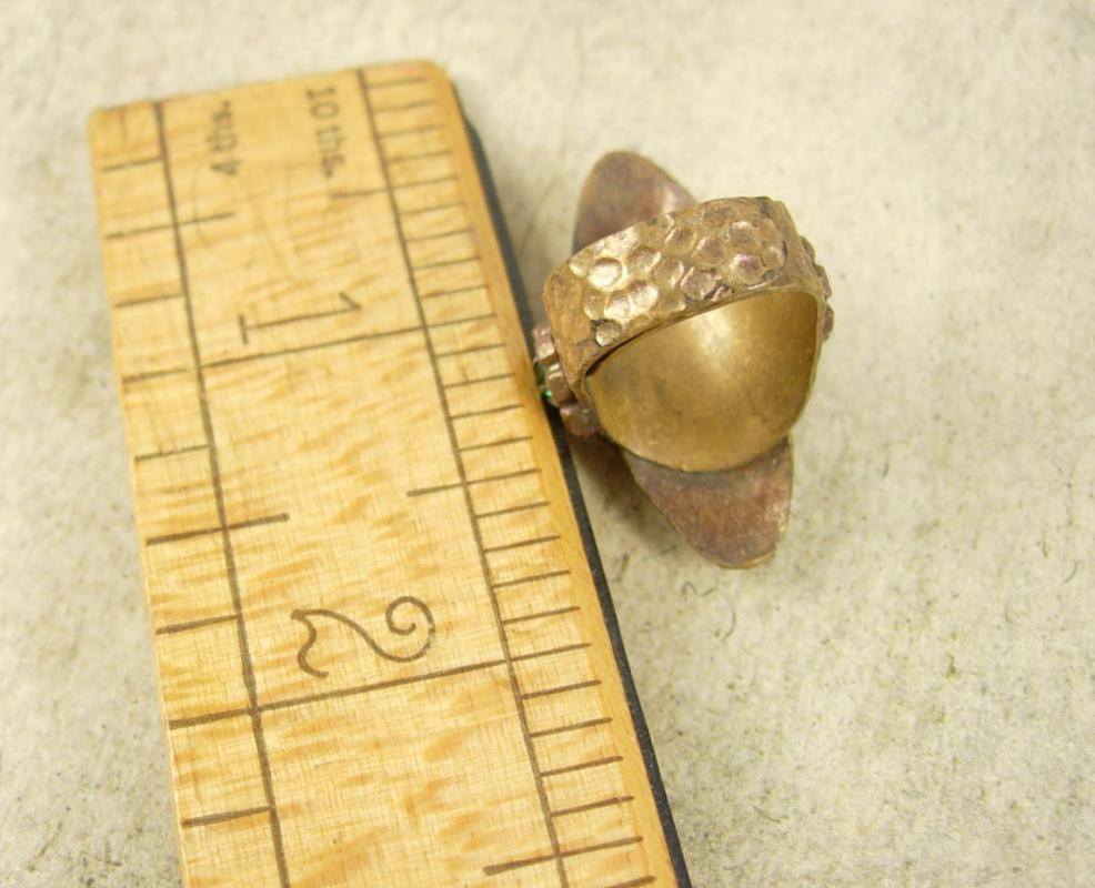 Antique Czech LARGE Ring Rhinestone RING Red Blue Green hammered brass adjustable