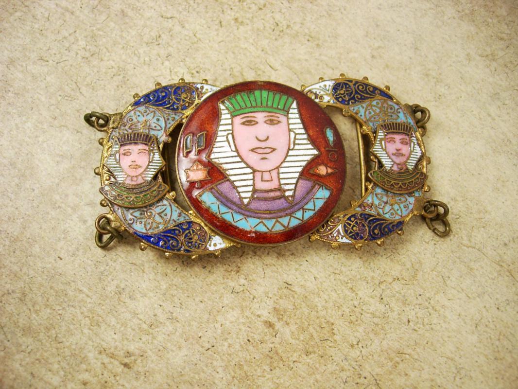 ANTIQUE ENAMEL Egyptian HEAD BUCKLE set