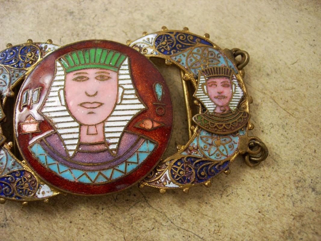 ANTIQUE ENAMEL Egyptian HEAD BUCKLE set