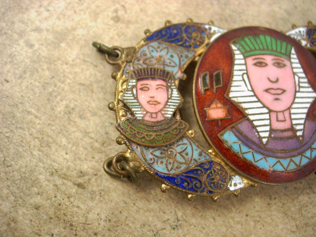ANTIQUE ENAMEL Egyptian HEAD BUCKLE set