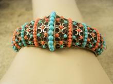 Vintage medieval Victorian revival bracelet Turquoise Coral hinged bangle