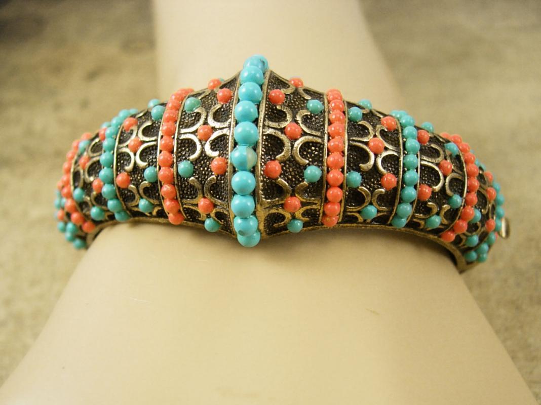 Vintage medieval Victorian revival bracelet Turquoise Coral hinged bangle