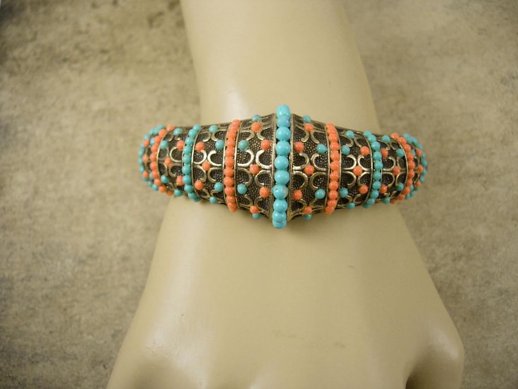 Vintage medieval Victorian revival bracelet Turquoise Coral hinged bangle
