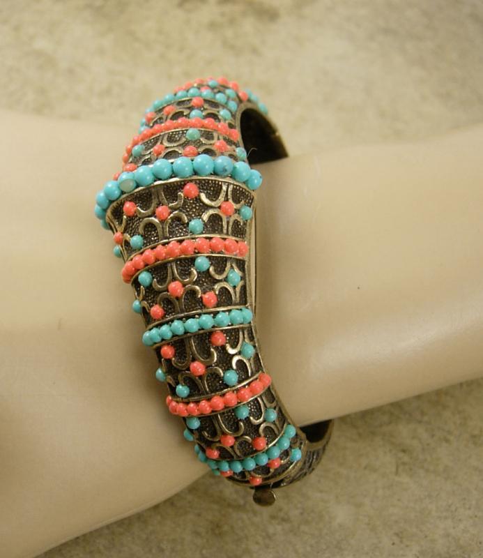 Vintage medieval Victorian revival bracelet Turquoise Coral hinged bangle
