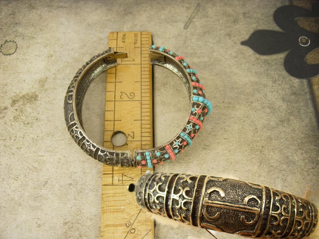 Vintage medieval Victorian revival bracelet Turquoise Coral hinged bangle