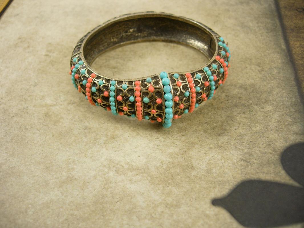 Vintage medieval Victorian revival bracelet Turquoise Coral hinged bangle