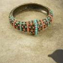 Vintage medieval Victorian revival bracelet Turquoise Coral hinged bangle