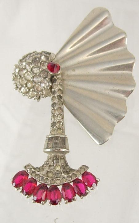 Vintage Trifari rhinestone Brooch mechanical SWINGING faux pink ruby pendulum