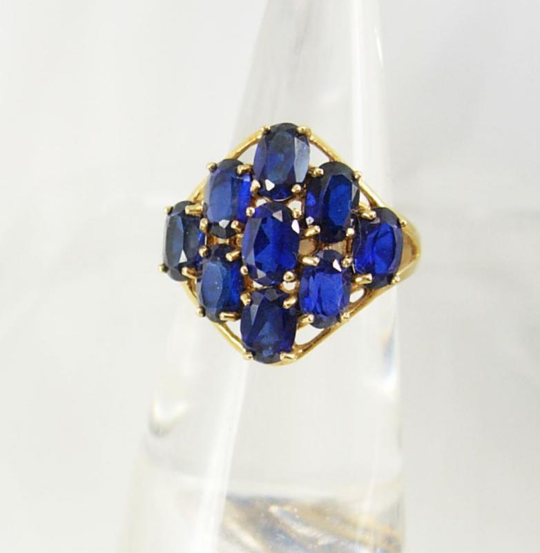 VIntage Blue sapphire Gold ring Cocktail Cluster Genuine 9 Sapphires large setting size 7 1/2