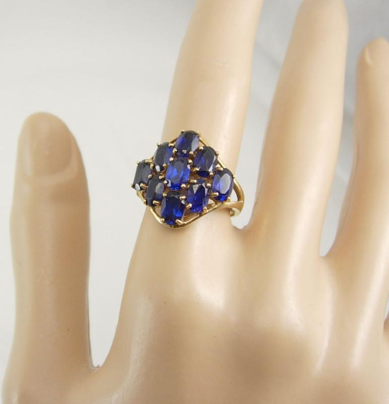 VIntage Blue sapphire Gold ring Cocktail Cluster Genuine 9 Sapphires large setting size 7 1/2