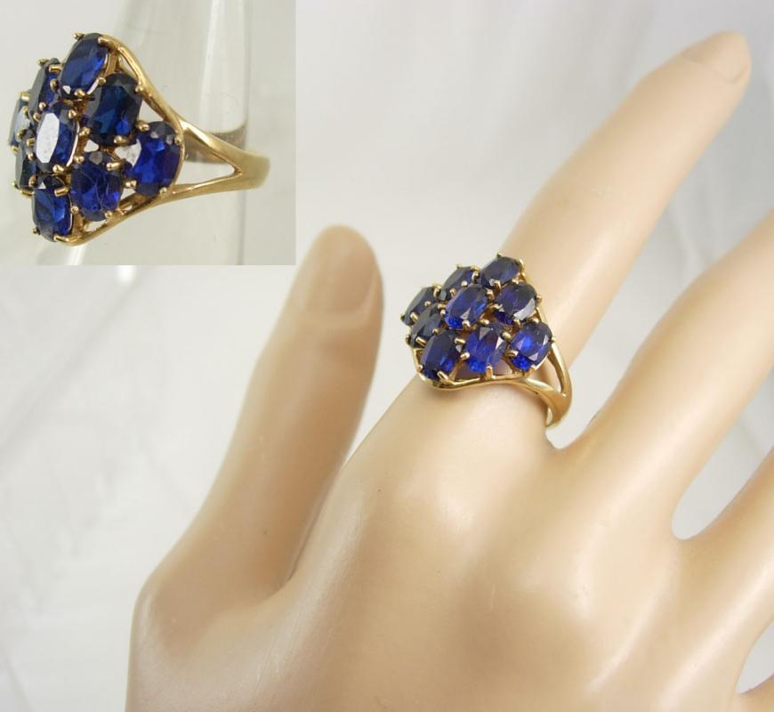 VIntage Blue sapphire Gold ring Cocktail Cluster Genuine 9 Sapphires large setting size 7 1/2
