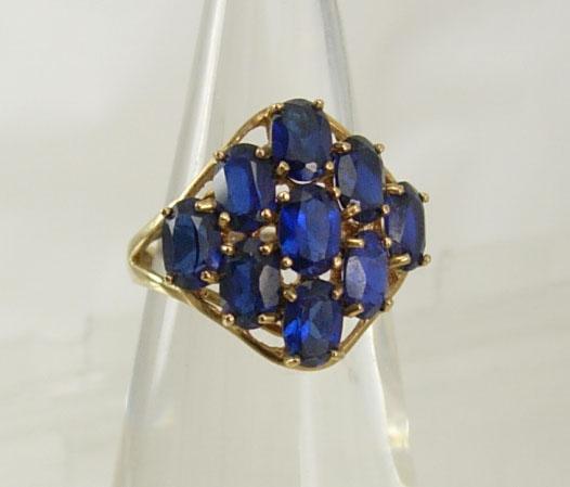VIntage Blue sapphire Gold ring Cocktail Cluster Genuine 9 Sapphires large setting size 7 1/2