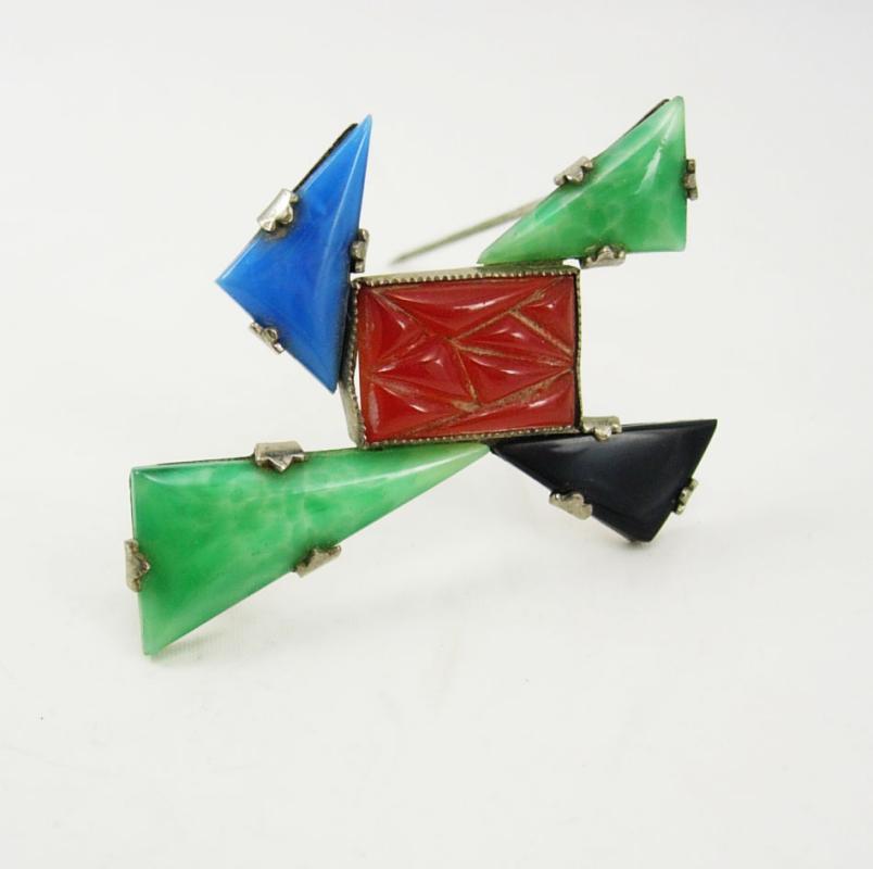 VIntage SIGNED deco carnelian jade sterling pin UNUSUAL shape