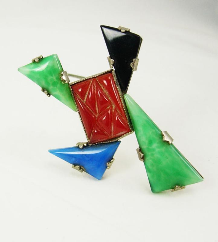 VIntage SIGNED deco carnelian jade sterling pin UNUSUAL shape
