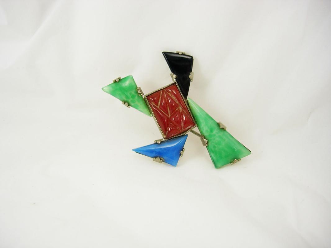 VIntage SIGNED deco carnelian jade sterling pin UNUSUAL shape
