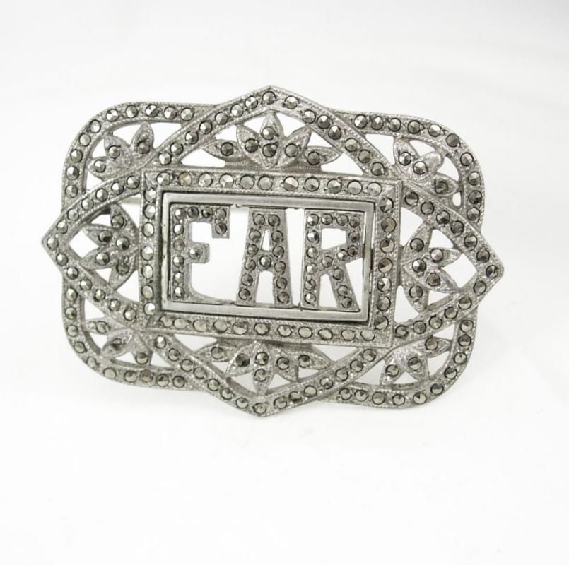 Vintage art deco Marcasite Brooch initial EAR FAR fancy setting