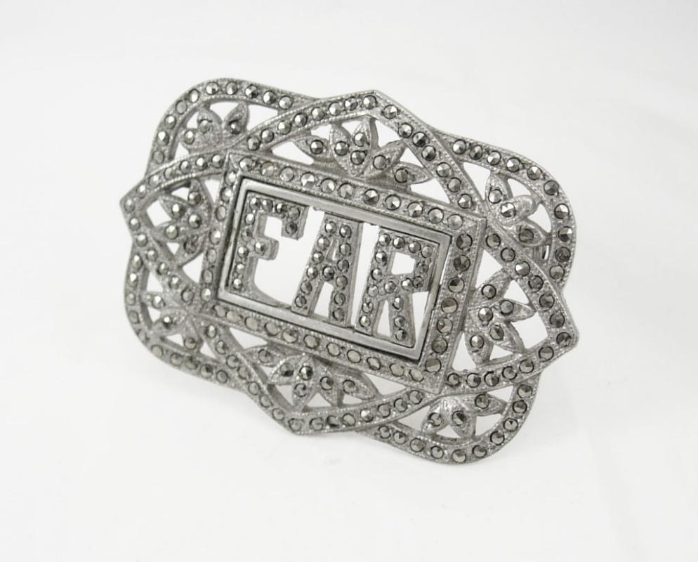 Vintage art deco Marcasite Brooch initial EAR FAR fancy setting