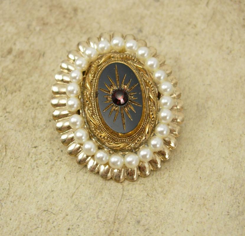 Vintage Edwardian Brooch Seed pearl Black glass garnet Rhinestone gold glass