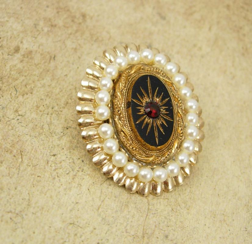 Vintage Edwardian Brooch Seed pearl Black glass garnet Rhinestone gold glass