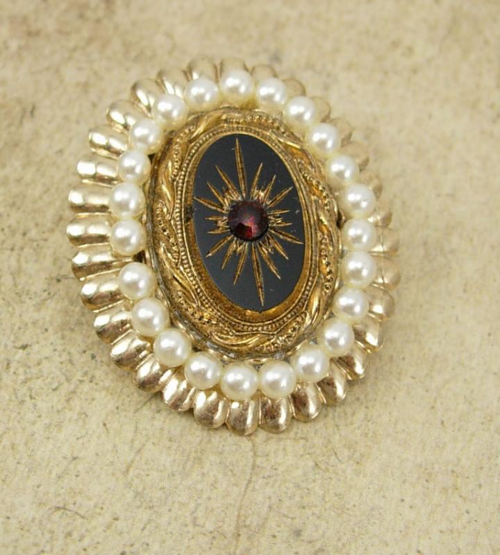 Vintage Edwardian Brooch Seed pearl Black glass garnet Rhinestone gold glass
