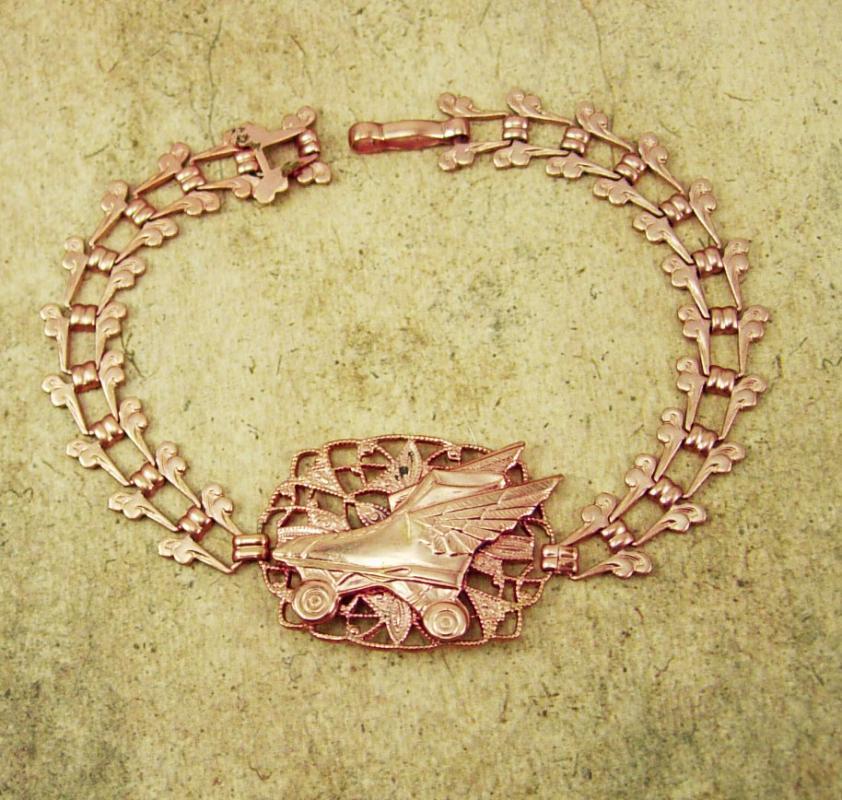 Vintage 14kt ROSE gold VICTORIAN Bookchain bracelet winged skates roller rink