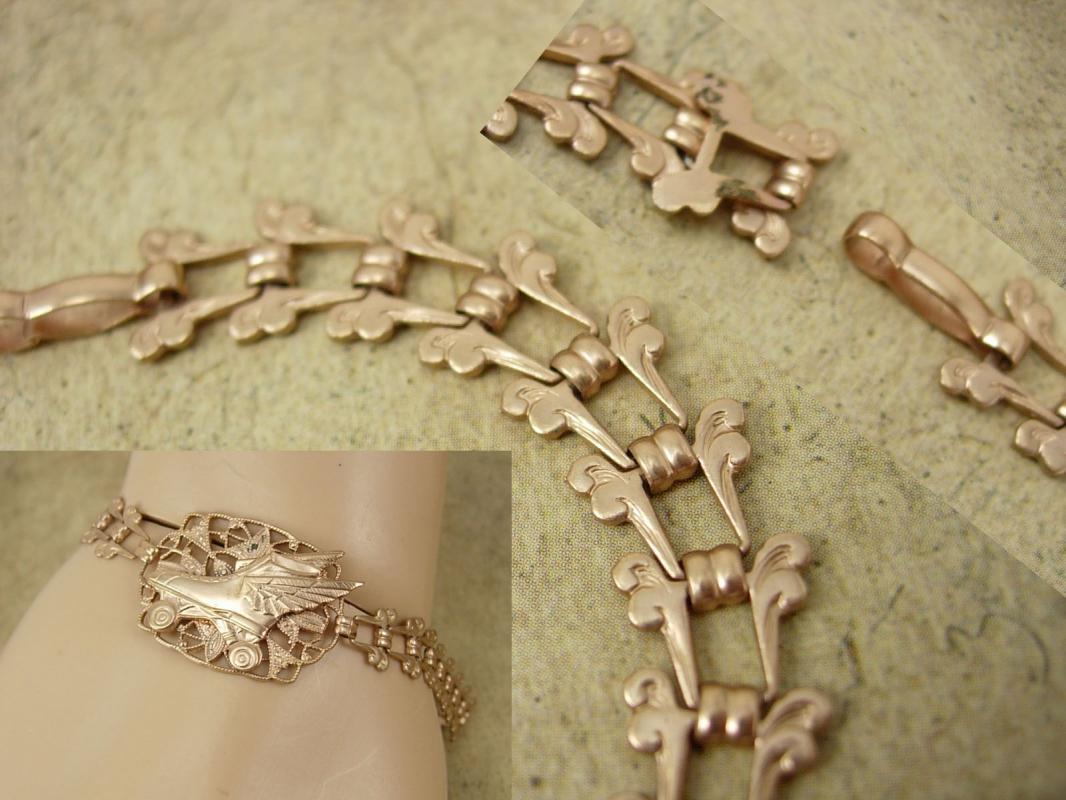 Vintage 14kt ROSE gold VICTORIAN Bookchain bracelet winged skates roller rink