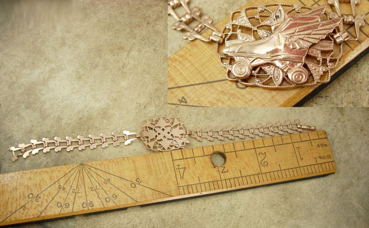 Vintage 14kt ROSE gold VICTORIAN Bookchain bracelet winged skates roller rink