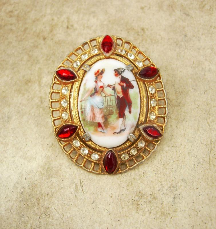 Large Vintage jeweled Victorian fur clip Portrait with red rhinestones dress clip