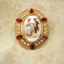Large Vintage jeweled Victorian fur clip Portrait with red rhinestones dress clip