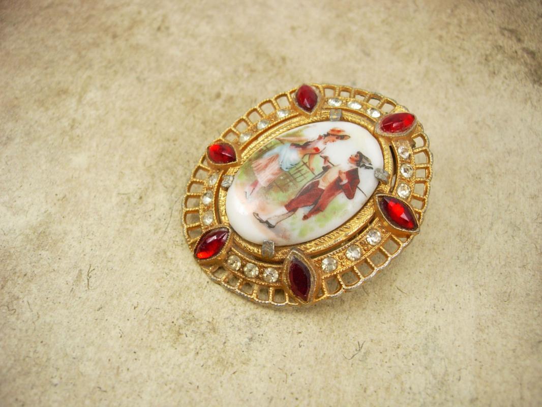 Large Vintage jeweled Victorian fur clip Portrait with red rhinestones dress clip