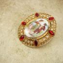 Large Vintage jeweled Victorian fur clip Portrait with red rhinestones dress clip