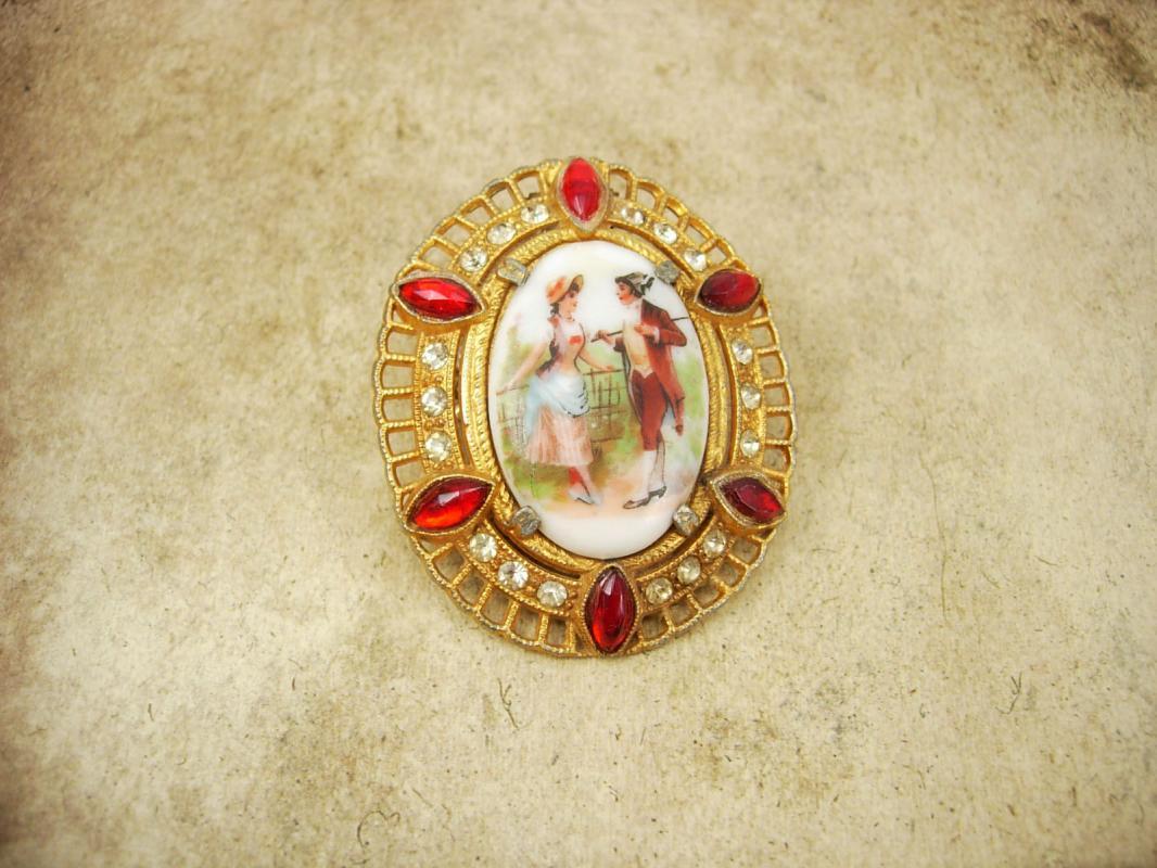 Large Vintage jeweled Victorian fur clip Portrait with red rhinestones dress clip