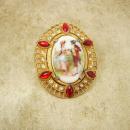 Large Vintage jeweled Victorian fur clip Portrait with red rhinestones dress clip