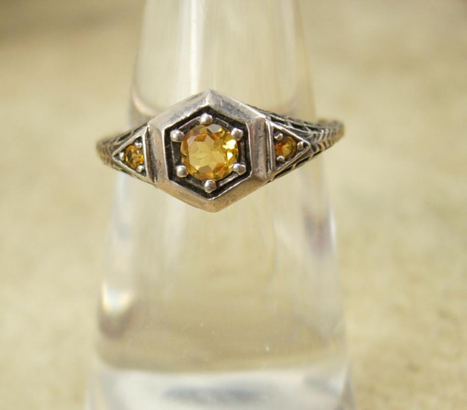 Vintage sterling DECO Ring Genuine Citrine 3/4 ct pierced metal filigree size 7